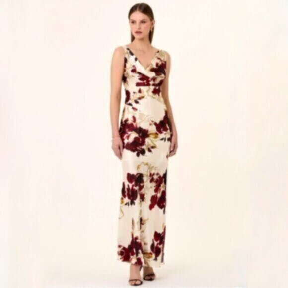NWT NICHOLAS Sally Watercolor Floral Ivory Cowl Neck Side Slit Maxi Dress - Picture 17 of 17